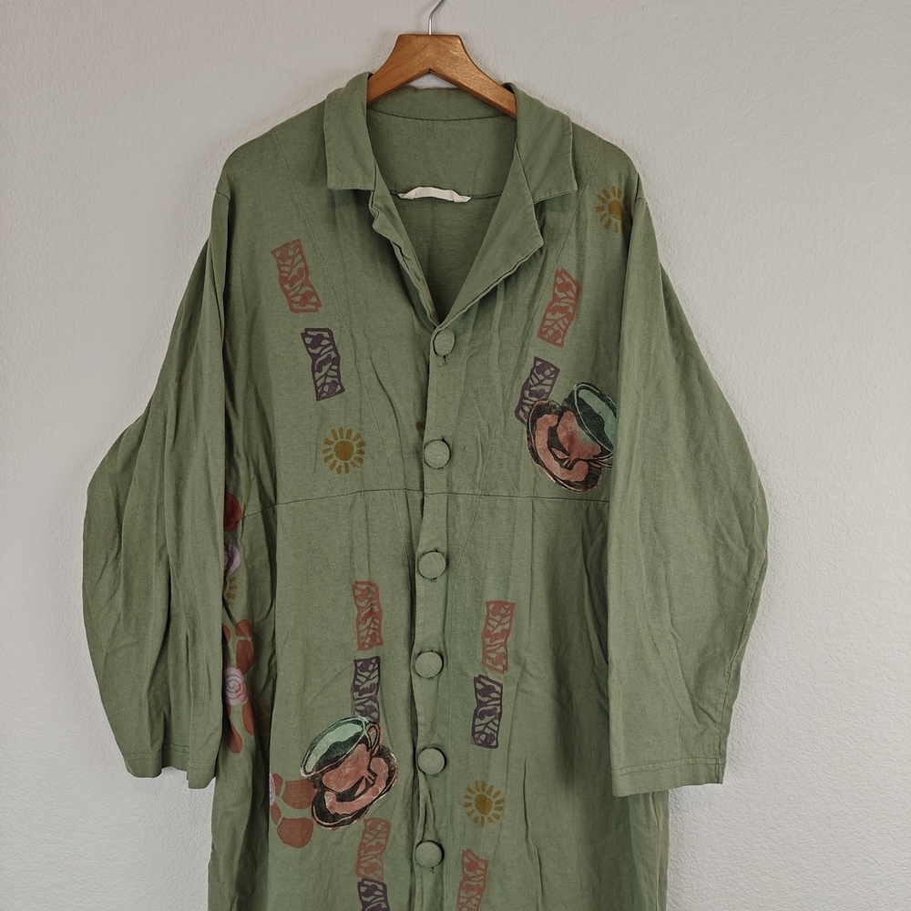 Blue Fish VTG Hand Painted Long Coat Dress Swing Duster Jacket Tea Coffee Cup 2 - Picture 4 of 16